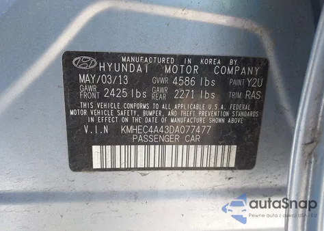 2013 Hyundai Sonata Hybrid из США, поврежденный, VIN KMHEC4A43DA077477